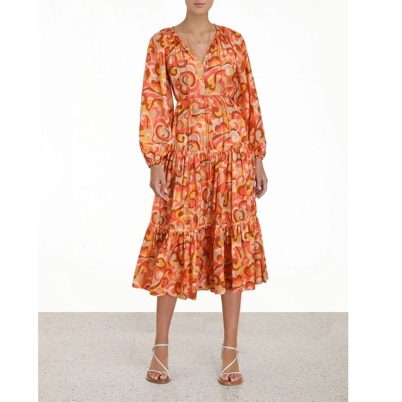 Zimmermann Mae Tiered Swirl Print Silk Midi Dress - Picture 7 of 7